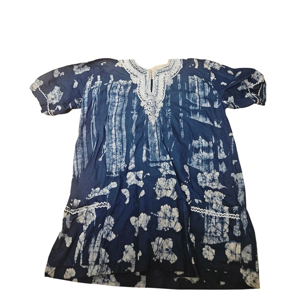 Indigo Batik Dress Lace Boho Short Sleeve Cover-Up | Beach Caftan Tunic - Picture 3 of 4